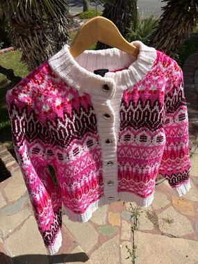 Talbots Fair Isle Cardigan Sweater – Size XL Petite – Pink Cozy Classic